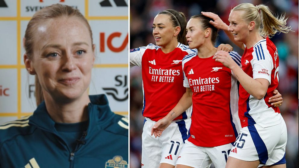 Tvådelad bild. Till vänster: Person i mörkblå jacka framför sponsorvägg. Till höger: Fotbollsspelare i rött firar.