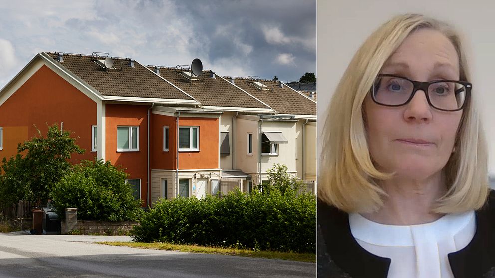 bild på radhus och en kvinna i ljust hår och glasögon