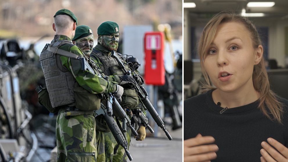 Militärer med skyddsväst och vapen till vänster. SVT:s reporter Serafia Olausson tittar in i kameran till höger