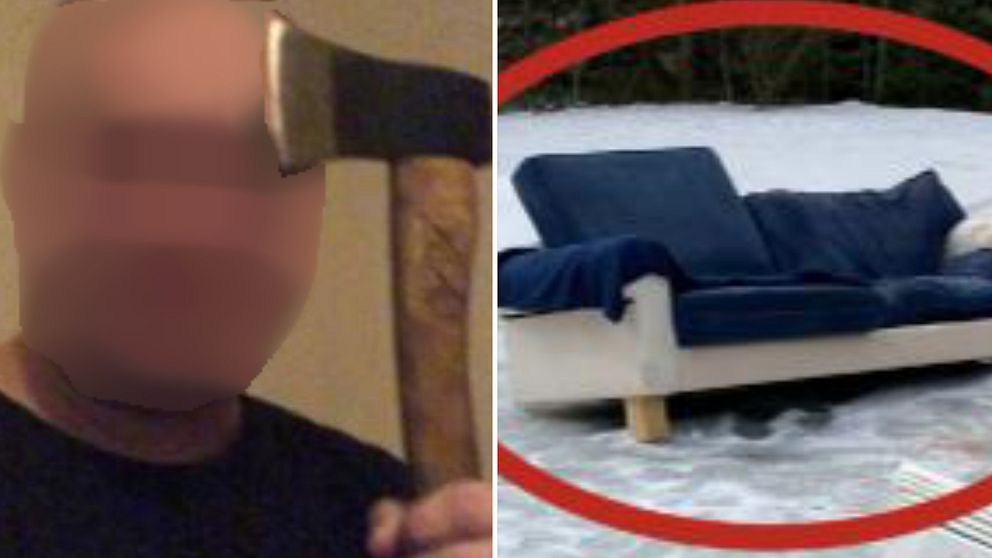 Den misstänkte 33-årige mördaren i Hagforsmordet. Soffan som offret hittades i.