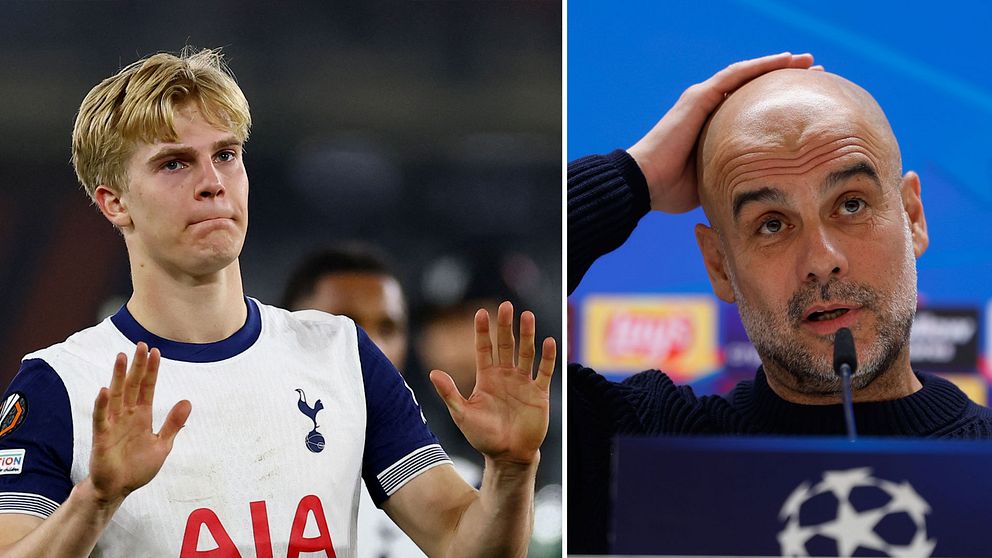 Tvådelad bild. Vänster: Fotbollsspelare i Tottenhamtröja. Höger: Person vid presskonferens.