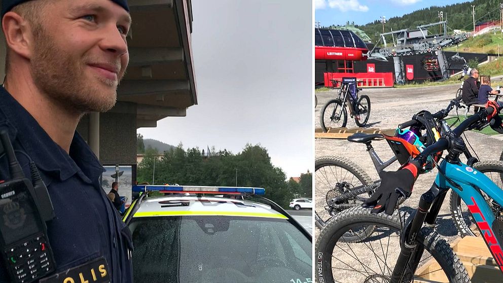 Splitbild. Till vänster en ung polis vid en polisbil. Till höger downhillcyklar.