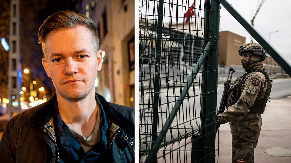 Delad bild. Till vänster: person utomhus i stadsmiljö. Till höger: soldat vid inhängnat område.