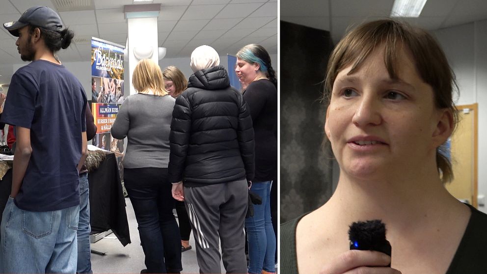 En delad bild som visar två delar. Den vänstra sektionen visar en grupp människor som står framför en monter med broschyrer och information på en jobbmässa i Sveg. Den högra sektionen visar en närbild av en Marie Bergström som intervjuas av SVT.