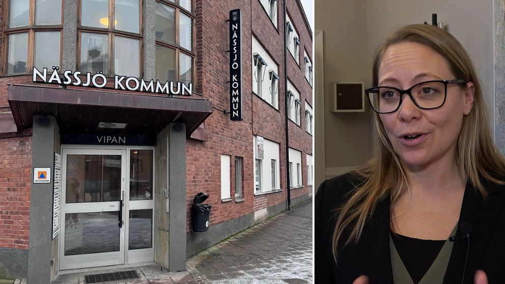 En delad bild som visar två sektioner. Den vänstra sektionen visar ingången till Nässjö kommunhus med en skylt som anger namnet och en dörr. Den högra sektionen visar en kvinna i en intervju eller diskussion, med fokus på hennes överkropp och ansikte (delvis otydlig).