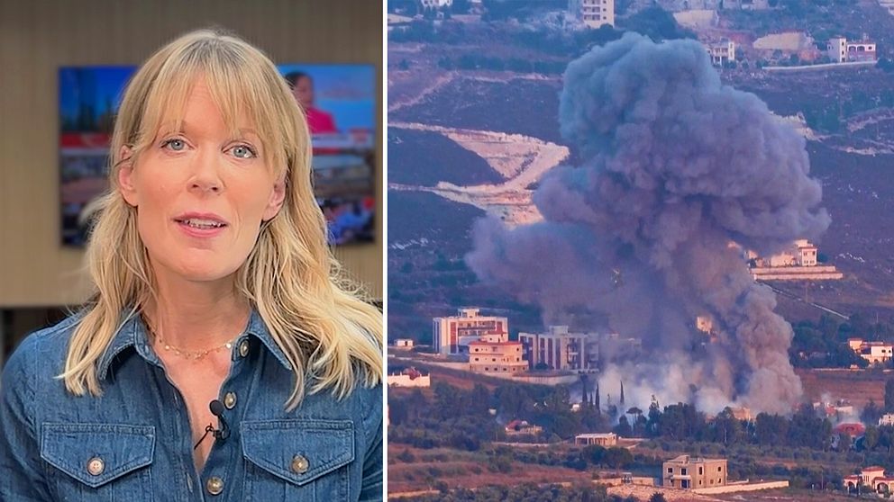 SVT:s reporter kommenterar upptrappning Israel och Hizbollah. Till höger ett rökmoln efter attack.