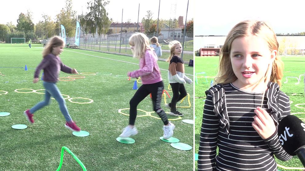 Barn som hoppar på en fotbollsplan under idrottens dag i Sandviken.