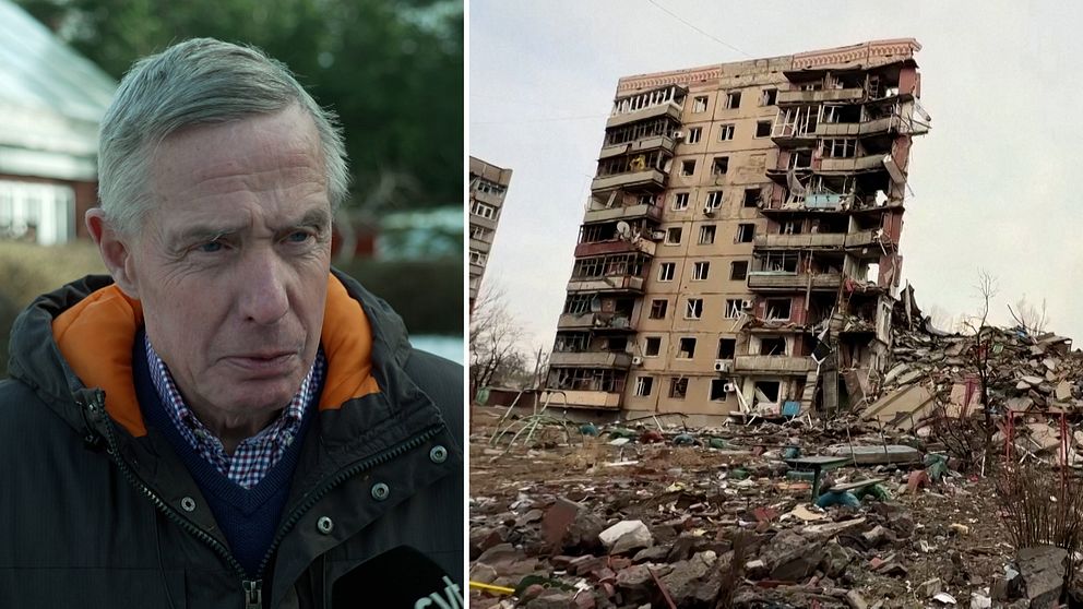 Jörgen Elfving, fd överstelöjtnant, kommenterar Ukrainas reträtt från staden Avdijivka. Bild på förstörelsen i Avdijivka.