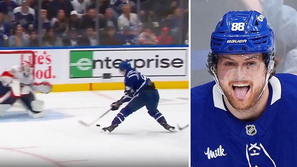 Delad bild. Till vänster: hockeyspelare skjuter puck. Till höger: spelare i blå hjälm sitter på bänken.