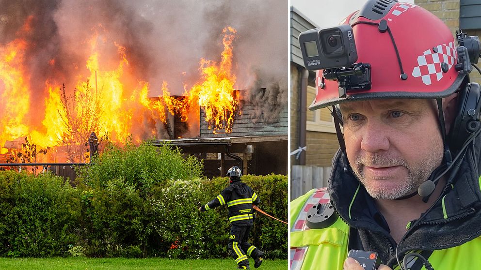 Delad bild. Till vänster: brandmän vid ett hus i full brand. Till höger: brandman med hjälm och kamera.