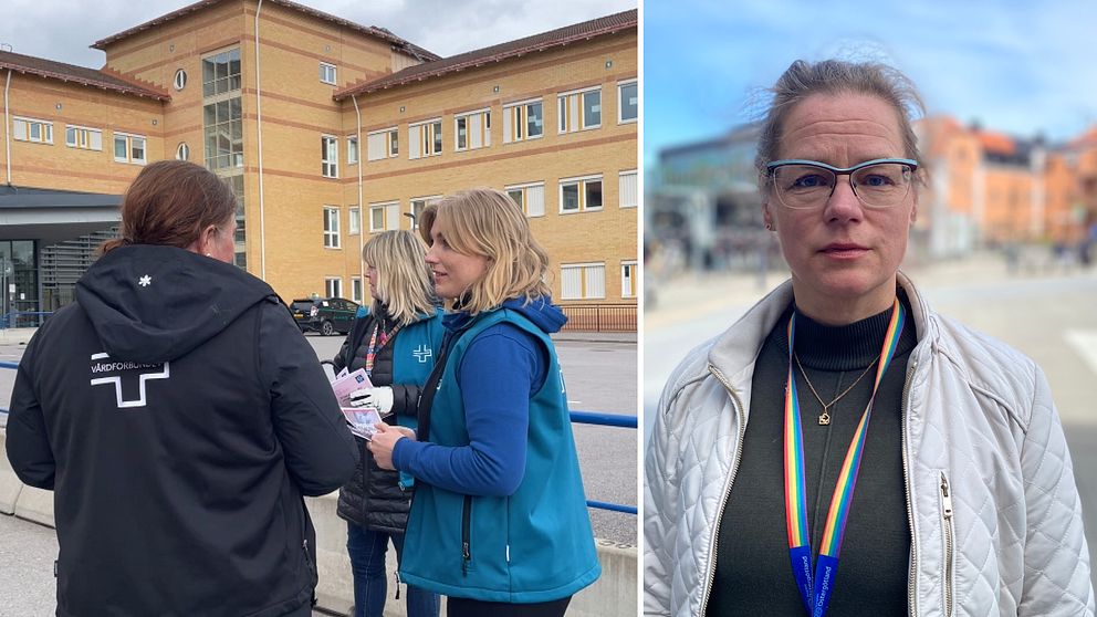 Bild på personer som står i grupp utanför Universitetssjukhuset i Linköpings med Vårdförbundets jackor på sig och porträtt på kvinna i stadsmiljö.