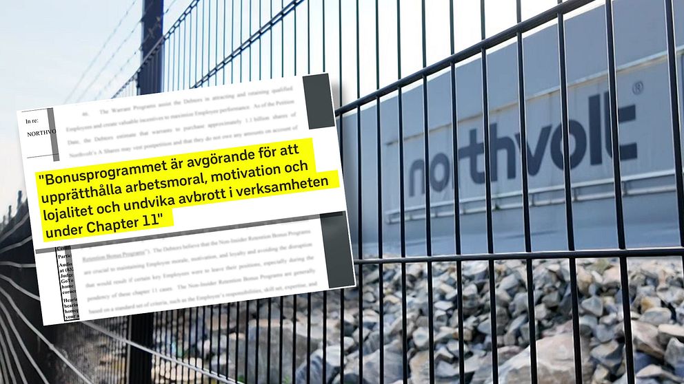 Bildtexten beskriver en stängselomgärdad anläggning med en skylt som visar företagsnamnet ”Northvolt”. I förgrunden syns en utdrag av text som betonar vikten av bonusprogrammet för att upprätthålla arbetsmoral och undvika avbrott under en Chapter 11-process.