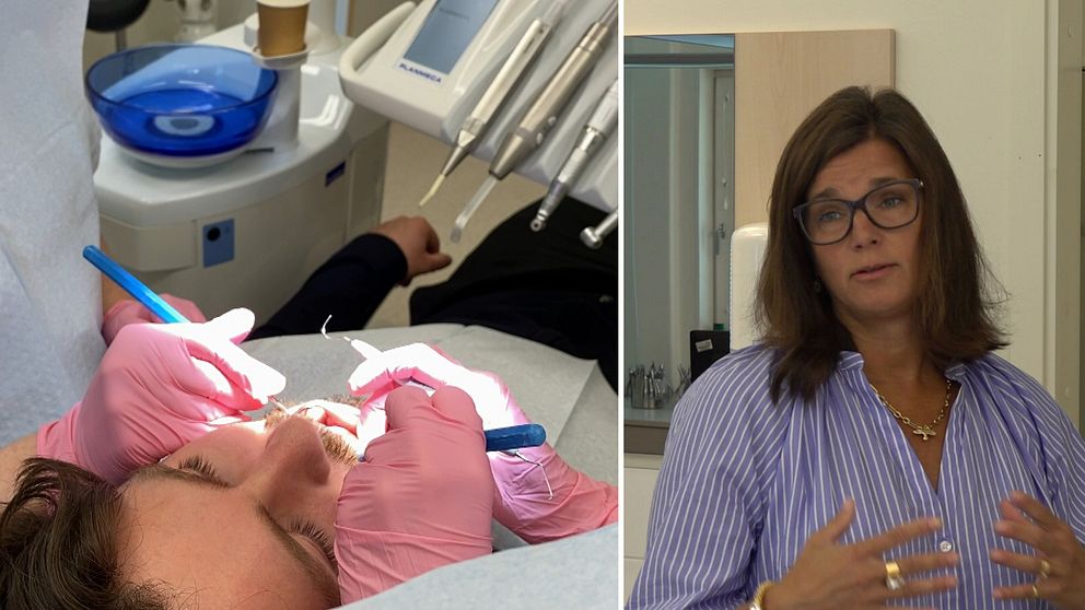 Delad bild. Till vänster: patient undersöks hos tandläkare. Till höger: kvinna i randig skjorta.