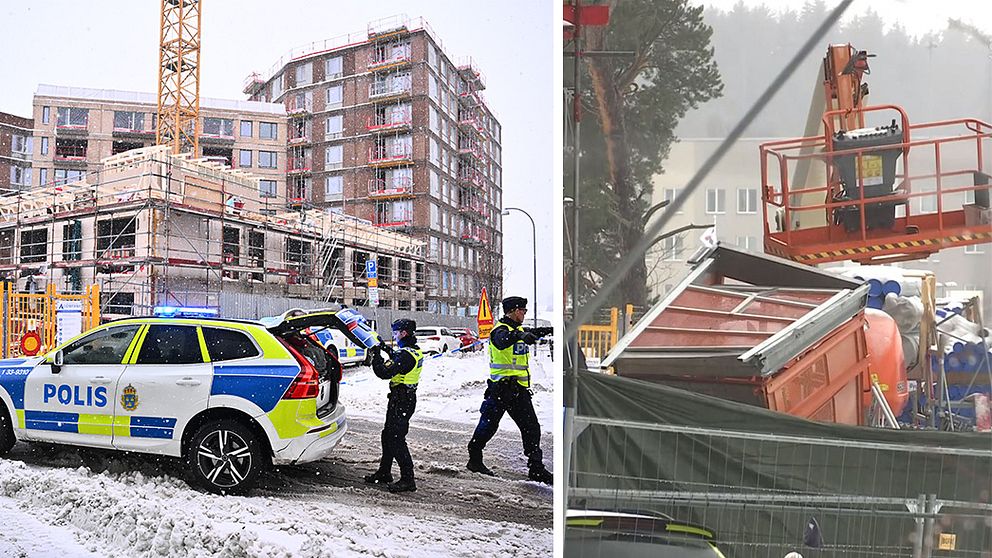 Till vänster utanför byggarbetsplatsen med en polisbil framför, till höger den kraschade hissen i rött