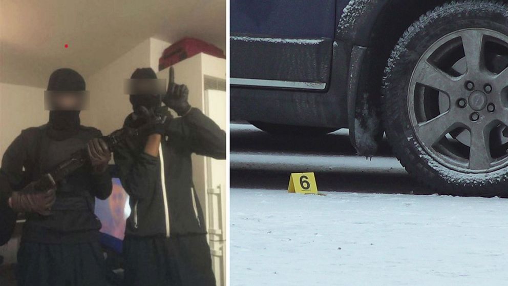 maskerade killar poserar med automatvapen, samt närbild på bevismarkering på snöig mark vid en bil