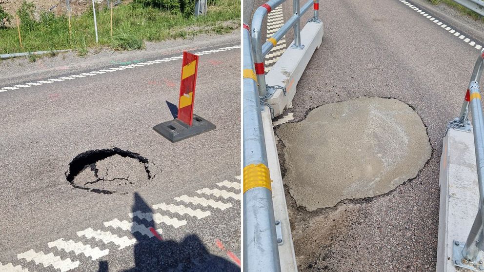 Delad bild. Vänster: hål i väg avspärrat med vägskylt. Höger: lagad väg på samma plats.