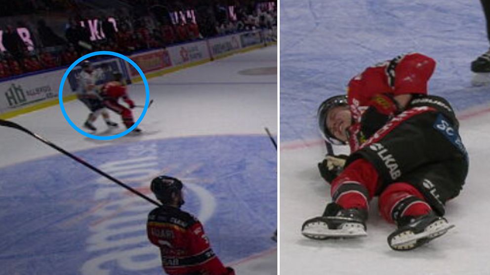 Tvådelad bild. Vänster: Hockeyspelare i kollision. Höger: Skadad spelare ligger på isen.