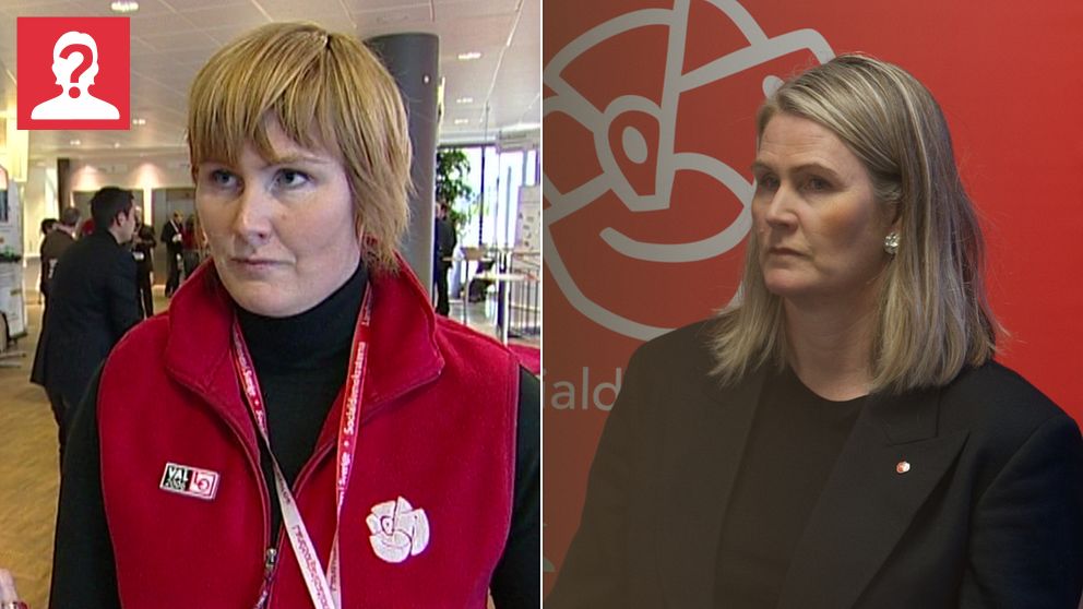 Jenny Steen vid olika tidpunkter. Till vänster står hon i en röd väst med logotyp och en ID-badge, omgiven av en ljus miljö som tyder på en offentlig plats. Till höger syns hon  i en svart blazer stående framför en röd bakgrund med en logotyp för Socialdemokraterna.