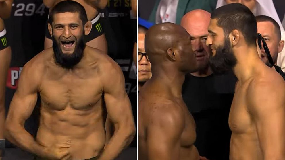 MMA-utövarna Khamzat Chimaev och Kamaru Usman står öga mot öga.