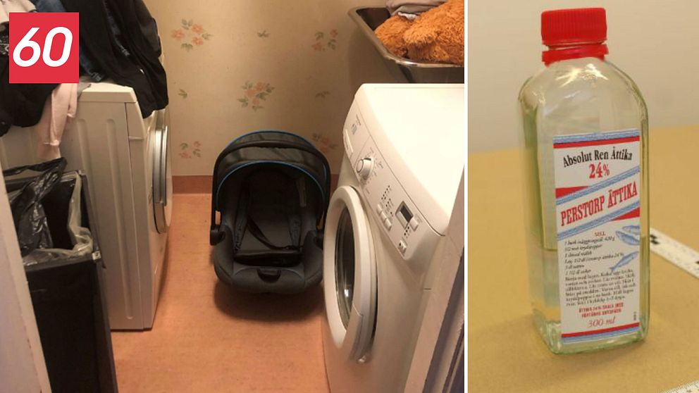 Två bilder. Ena bilden visar en bilbarnstol i en tvättstuga. Den andra bilden visar en flaska ättika.