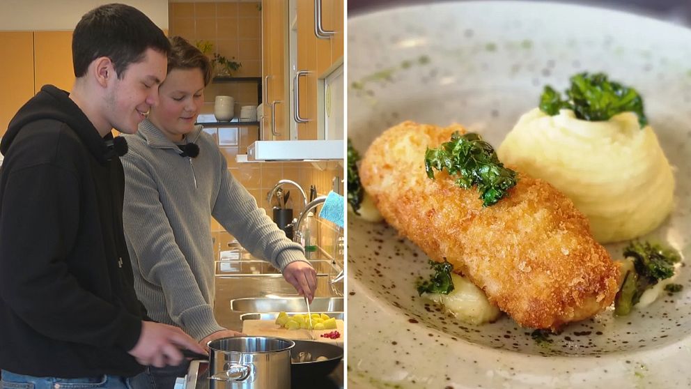 Tvådelad bild. Till vänster: två personer lagar mat. Till höger: Chicken Kiev