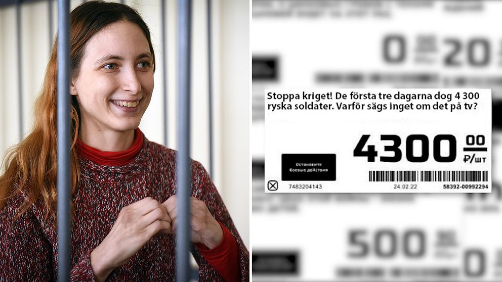 Den ryska konstnären och musikerna Sasja Skotjilenko bakom galler och bild på en av prislapparna som hon bytte ut.
