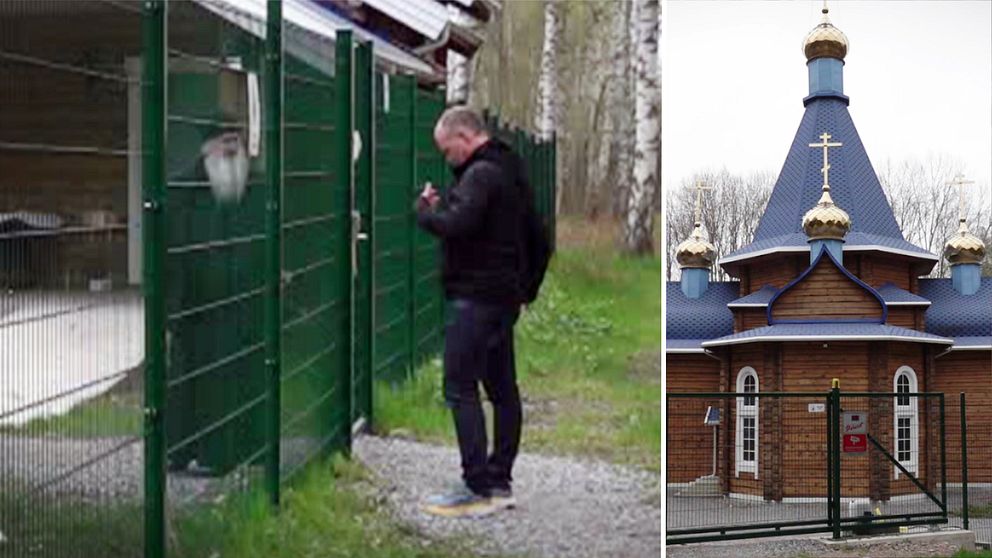 Delad bild. Till vänster: Två män på varsin sida om ett högt stängsel. Till höger: ortodox kyrkobyggnad.