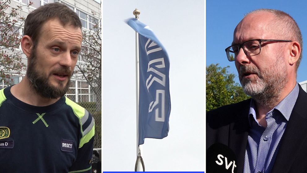Bilden är en delad bild som består av tre sektioner. Till vänster står IF Metalls Marcus Degerskär klädd i en grön och svart tröja med en namnskylt. I mitten syns NKT:s flagga som blåser i vinden. Till höger står  Ola hansson från Sveriges ingejörer i kostym.
