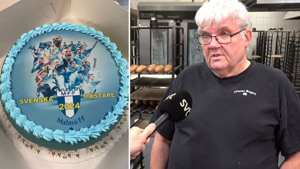 En delad bild med två sektioner. Den vänstra sektionen visar en tårta med en frostad yta i ljusblått och en bild av glada fotbollsspelare, med texten ”SVENSKA MÄSTARE 2024” och ”Malmö FF”. Den högra sektionen visar en person som håller en mikrofon och deltar i en intervju, i en lokal som verkar vara ett bageri. Det syns bakugnar i bakgrunden.