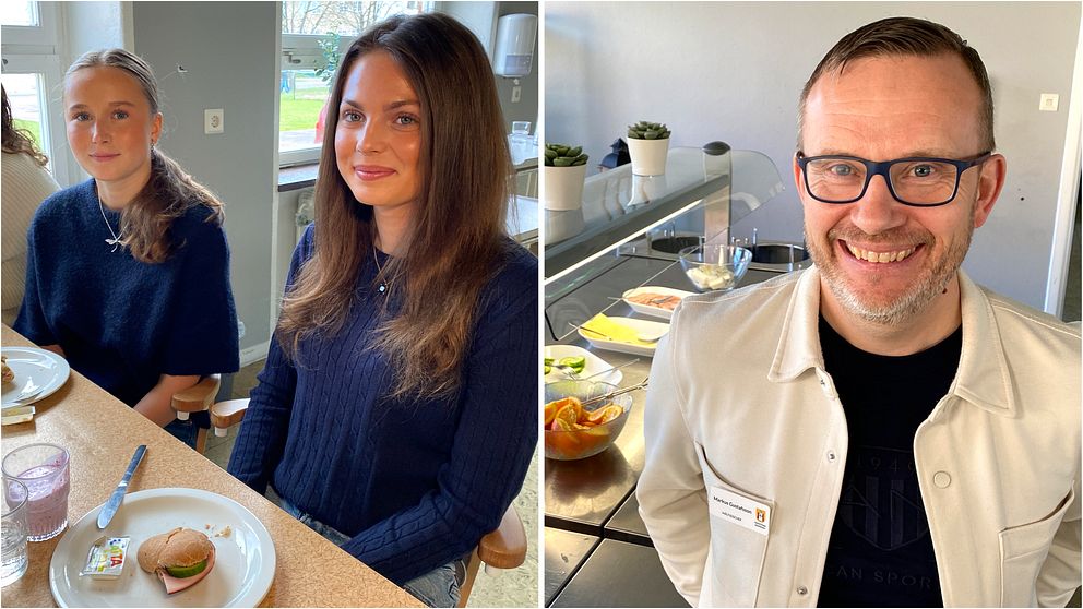 Elever Millie Edlund och Alva Erhagen och Markus Gustafsson, måltidschef i Vadstena Kommun