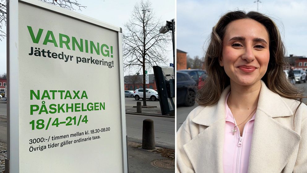 En splittbild med en varningsskylt vid en parkering på vänster sida och en leende ung kvinna på andra