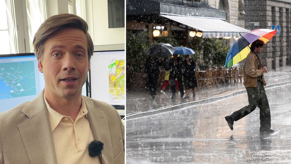 Till vänster SVT:s meteorolog Nils Holmqvist, till höger en person i regnet med ett färgglatt paraply.