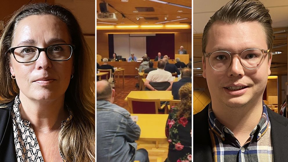 Tre bilder: till vänster kvinna i långt hår och glasögon. i mitten: kommunfullmäktigesal i Sollefteå. Till höger Kommunalråd Johan Andersson, centerpartist.