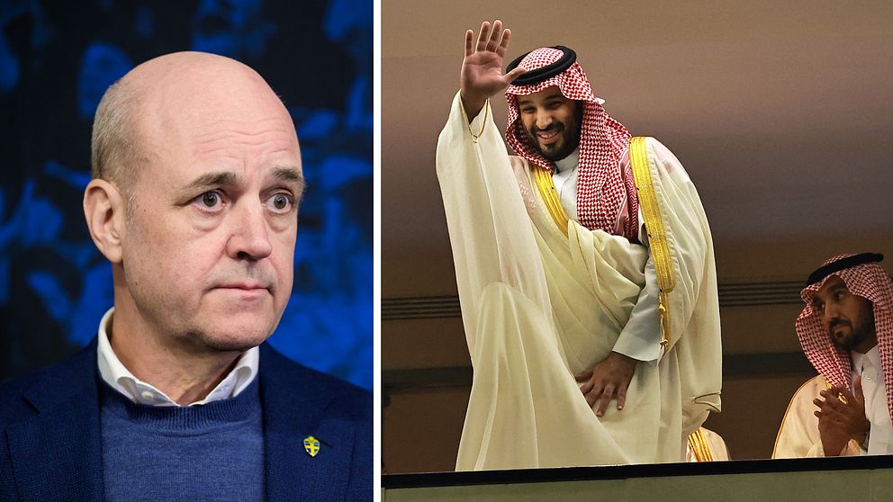 Bilden är delad i två sektioner. Den vänstra sektionen visar Fredrik Reinfeldt, fotbollförbundets ordförande, klädd i en mörk kavaj med en blå tröja under och ett märke på kavajen. Den högra sektionen visar Saudiarabiens prins Mohammed bin Salman i traditionell arabisk klädsel.