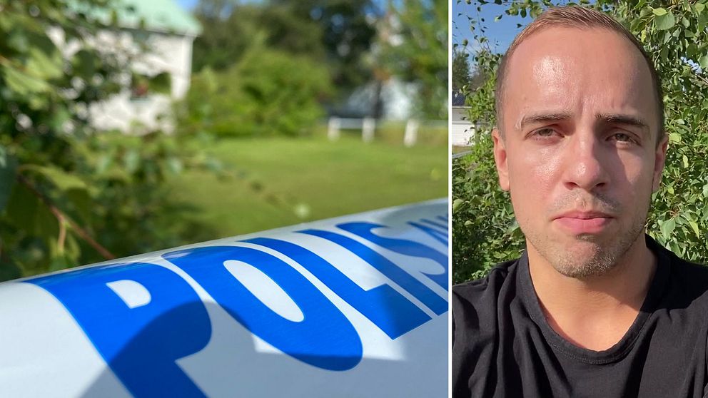 Polisavspärrning framför ett hus och SVT:s reporter
