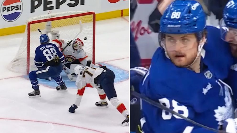 Delad bild. Vänster: ishockeyspelare gör mål. Höger: blåklädda spelare firar på isen.