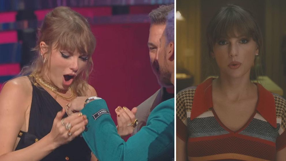 Taylor Swift på VMA-galan 2023 och stillbild från musikvideon till Anti-Hero.