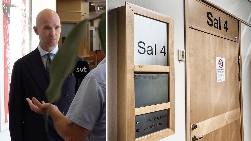 Man som står och blir intervjuad, dörr till tingsrättssal