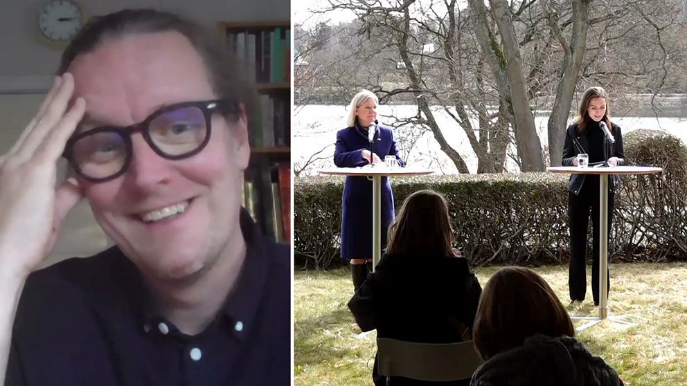 En delad bild med två sektioner. Den vänstra sektionen visar en person som håller sin hand mot pannan, förmodligen i en eftertänksam eller frustrerad position. Den högra sektionen visar två kvinnor som står vid podium på en utomhuspresskonferens. De är klädda i formella kläder och pratar med publiken i en trädgård med grönskande omgivning.