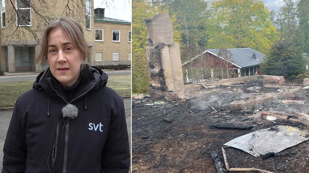 En delad bild med två sektioner. Den vänstra delen visar en person klädd i en svart jacka med ”SVT” tryckt på. Den högra delen visar rester av en nedbrunnen byggnad, med synliga skorstensrör och omgivande skog.