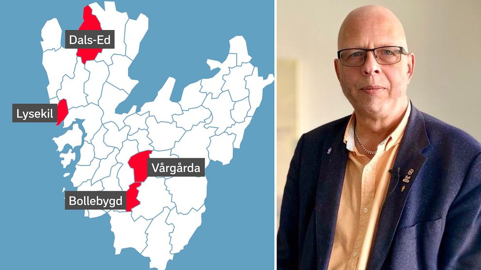 Bengt Hilmersson (C), kommunalråd i Vårgårda och en karta över kommunerna som får rött i Suicide Zeros kommunbarometer 2024. Dals-Ed, Lysekil, Vårgårda och Bollebygd.