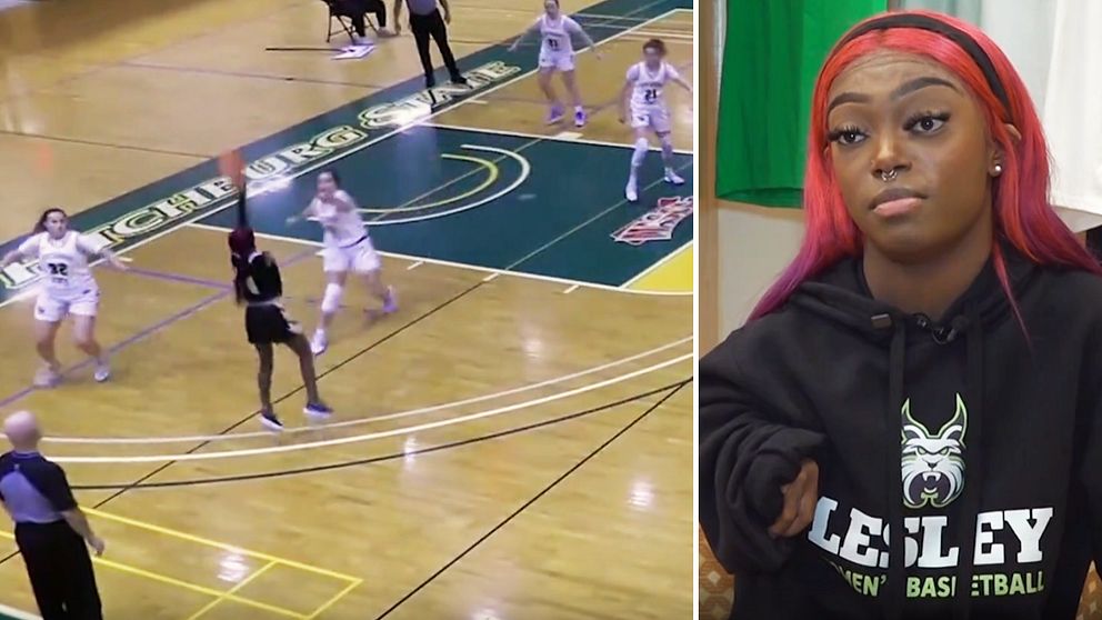 Delad bild. Vänster: Basketmatch med spelare i action. Höger: Person i Lesley University-tröja.