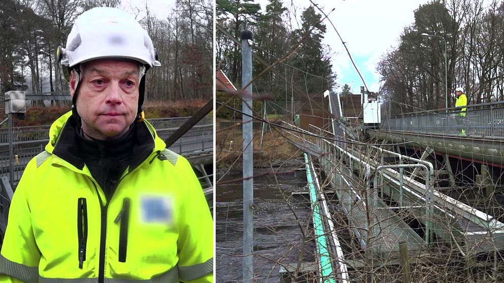 En man i reflexjacka står till vänster i bilden, medan den högra delen visar ett kraftverk.