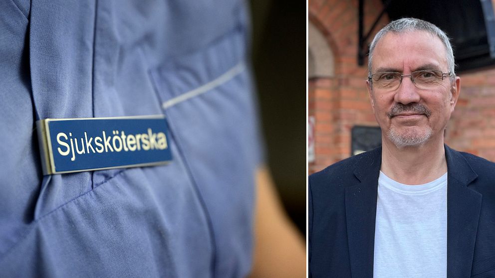 Närbild på sjuksköterskeskylt, och bild på Mike Schneider, man med kort grått hår och glasögon som tittar in i kameran.