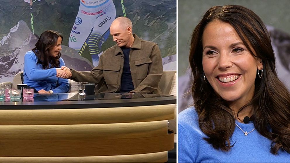 Charlotte Kalla skakar hand med Björn Ferrý