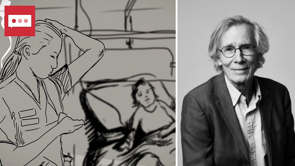 En delad bild med en grafisk bild föreställande en flicka i en sjuksäng med en vårdpersonal bredvid. Till höger en porträttbild på Björn Lundin.