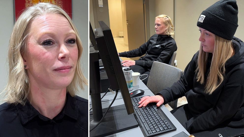 Anställda på Mio Möbler sitter och jobbar vid sina datorer och en bild på butikschefen Karin Gustafsson