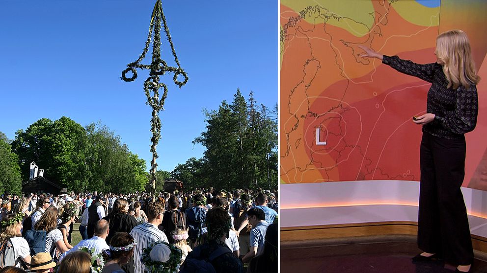 midsommarfirande och meteorolog som pekar på karta.