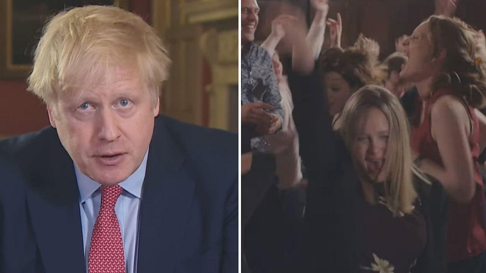 Splitbild på Boris Johnson och festande personer från ny tv-serie om Partygate