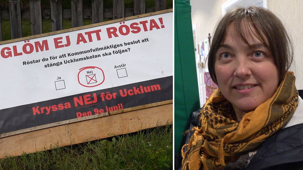 Skylt som uppmanar till att rösta nej gällande en skolnedläggning i Ucklum i Stenungsunds kommun. Och en bild på en som röstade.